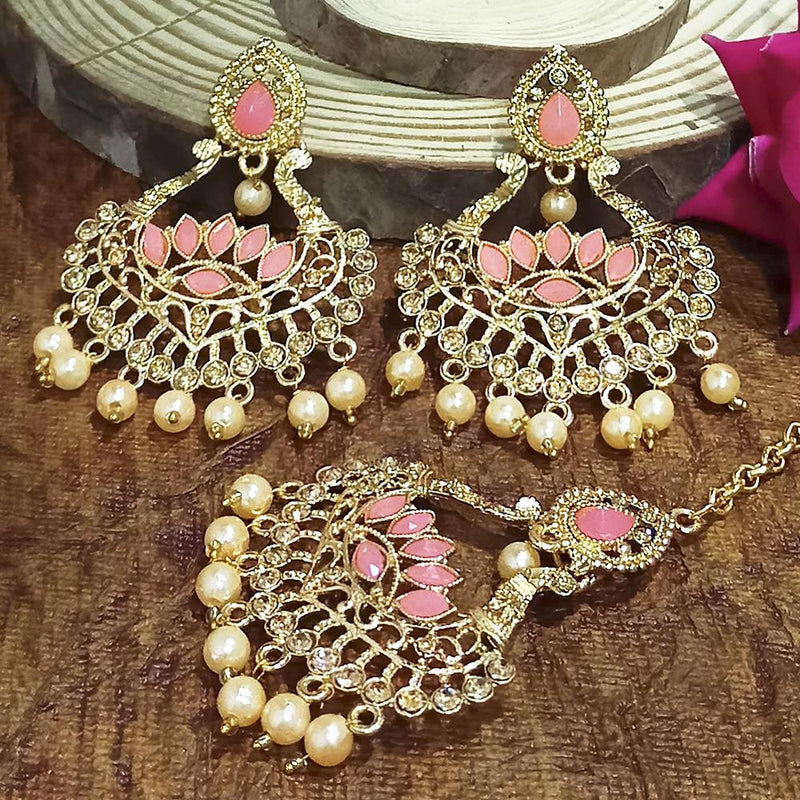 Adi Gold Plated Pink Kundan And Stone Earrings With Maang Tikka  - 1319207D