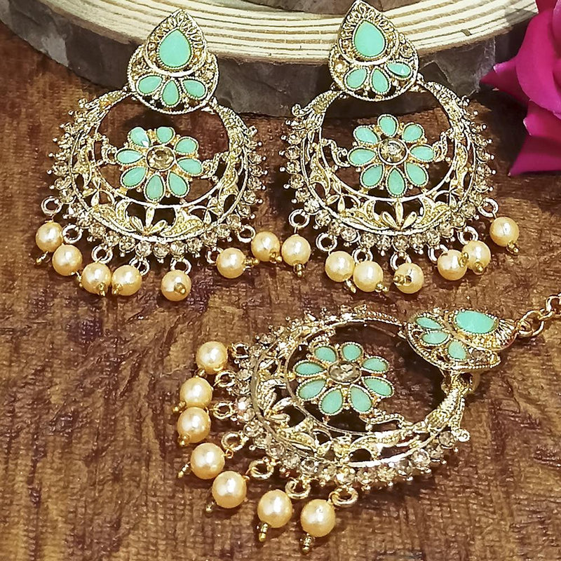 Adi Gold Plated Light Green Kundan And Stone Earrings With Maang Tikka  - 1319208A