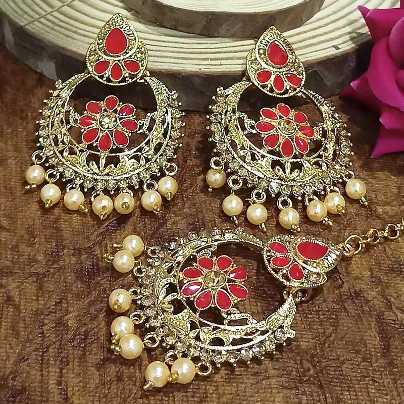 Adi Gold Plated Light Green Kundan And Stone Earrings With Maang Tikka  - 1319208A