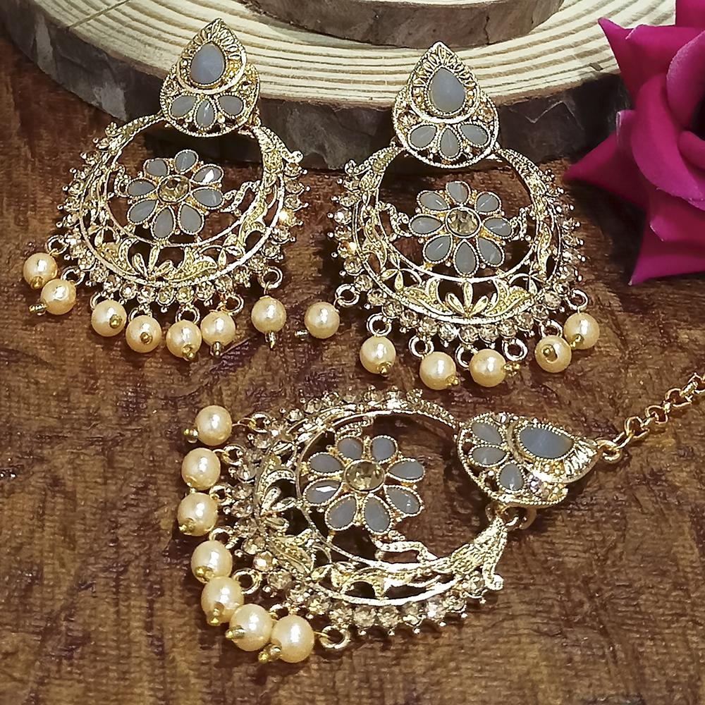 Adi Gold Plated Light Green Kundan And Stone Earrings With Maang Tikka  - 1319208A