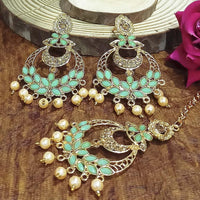 Adi Gold Plated Light Green Kundan And Stone Earrings With Maang Tikka  - 1319209A