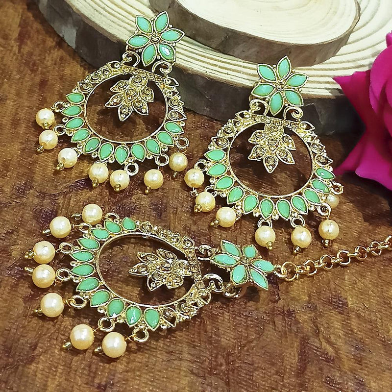 Adi Gold Plated Blue Kundan And Stone Earrings With Maang Tikka  - 1319210C