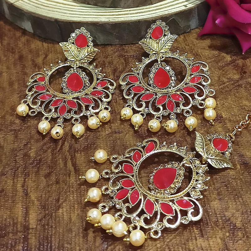 Adi Gold Plated Light Green Kundan And Stone Earrings With Maang Tikka  - 1319211A