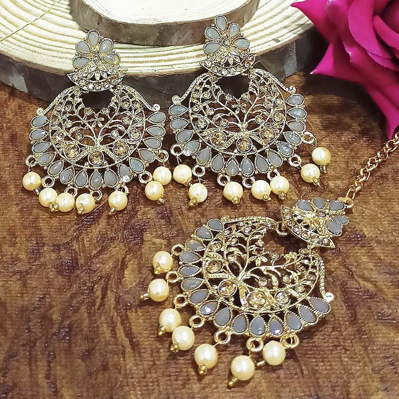 Adi Gold Plated Grey Kundan And Stone Earrings With Maang Tikka  - 1319212E