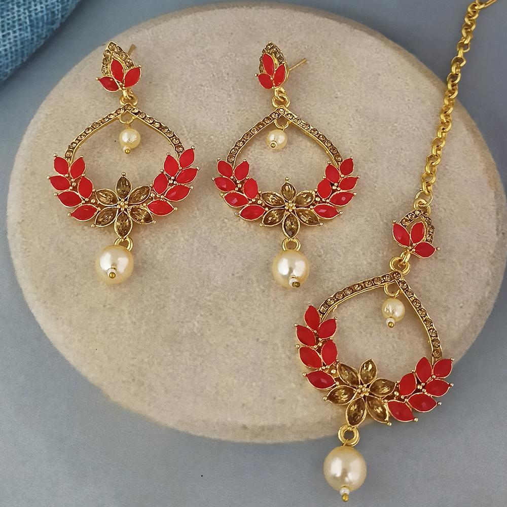 Adi Gold Plated Kundan And Austrian Stone Earrings With Maang Tikka  - 1319255