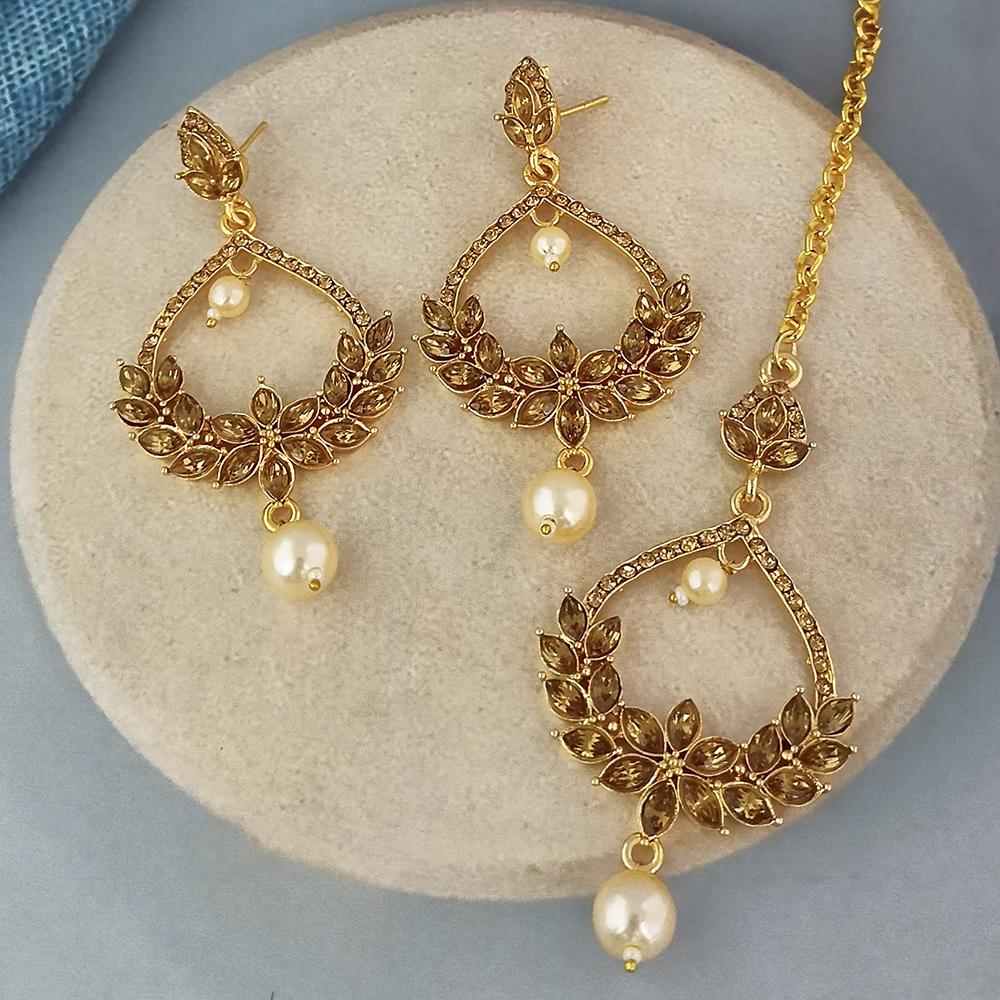 Adi Gold Plated Kundan And Austrian Stone Earrings With Maang Tikka  - 1319255