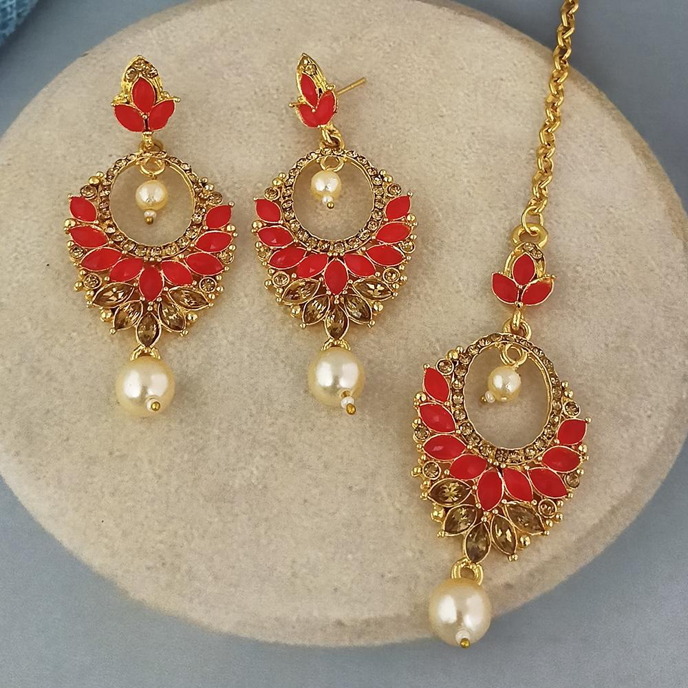 Adi Gold Plated Kundan And Austrian Stone Earrings With Maang Tikka  - 1319257