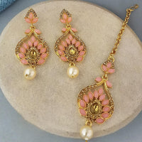 Adi Gold Plated Kundan And Austrian Stone Earrings With Maang Tikka  - 1319258