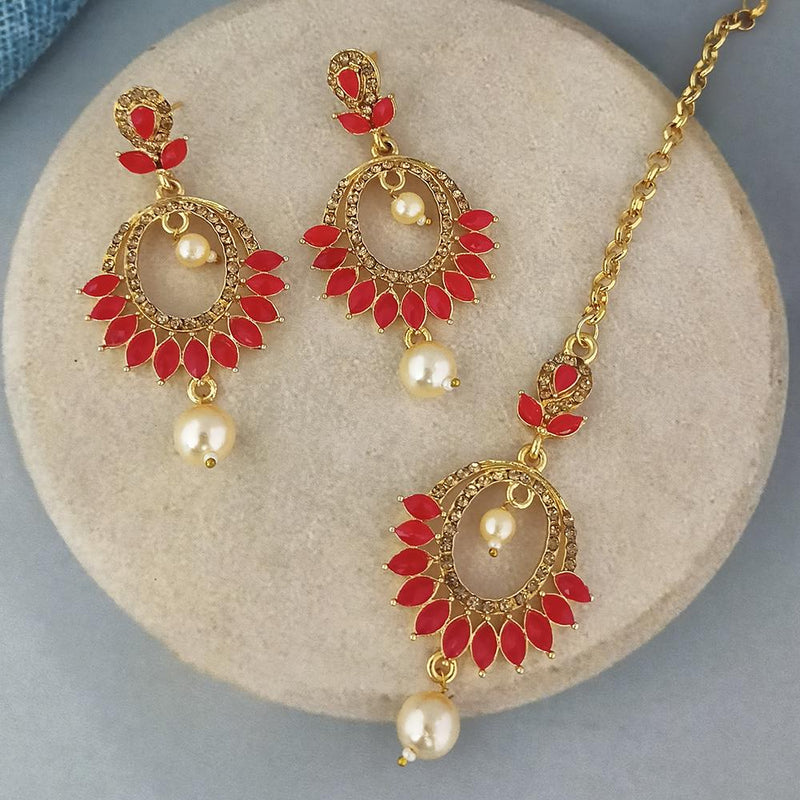 Adi Gold Plated Kundan And Austrian Stone Earrings With Maang Tikka  - 1319259