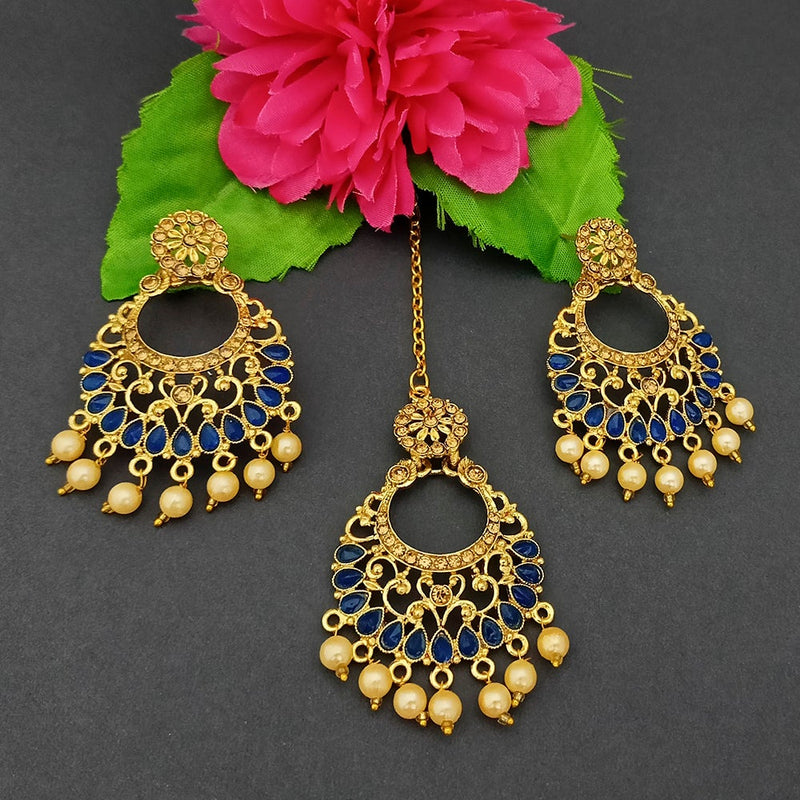 Adi Gold Plated Kundan And Stone Earrings With Maang Tikka - 1319263