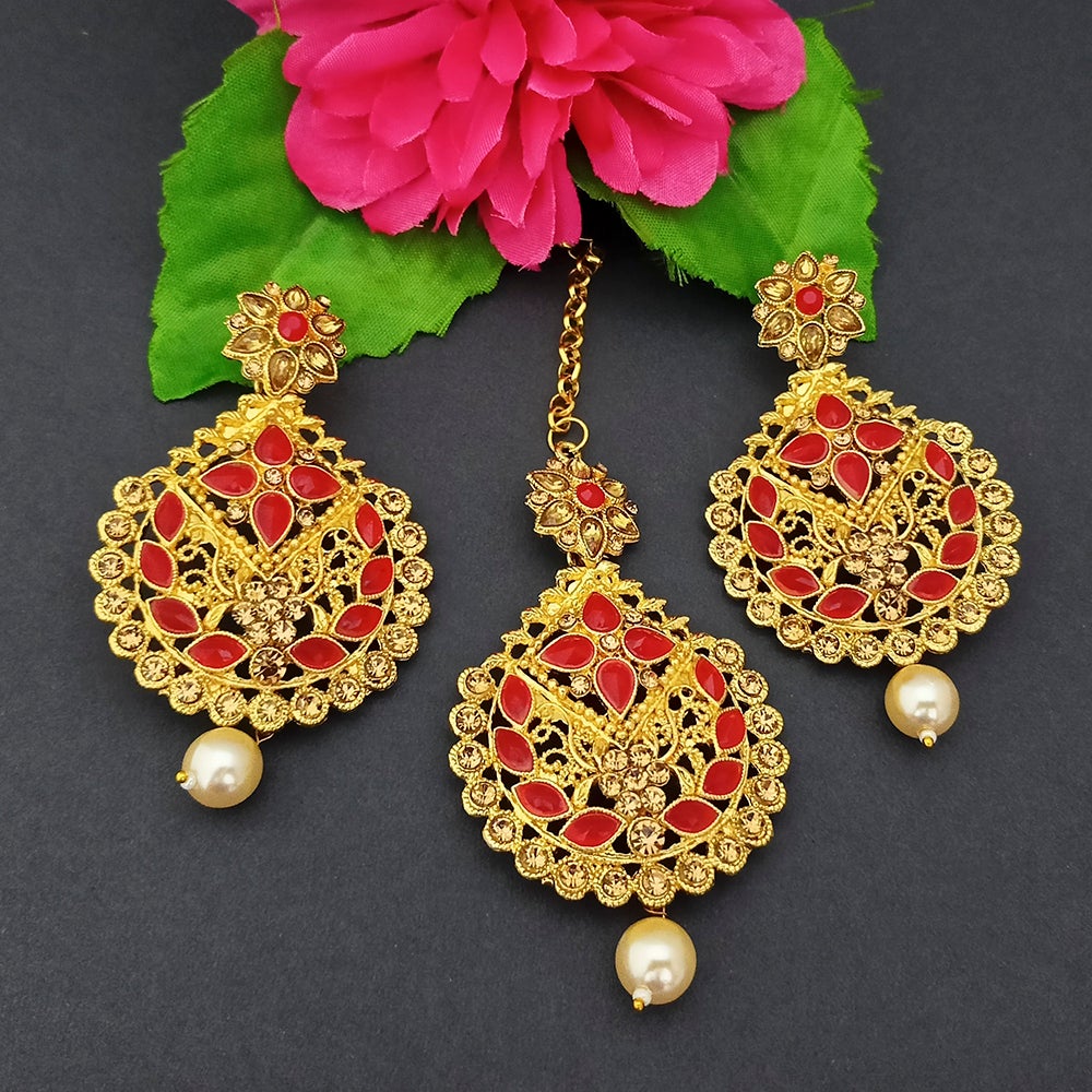 Adi Gold Plated Kundan And Stone Earrings With Maang Tikka - 1319265
