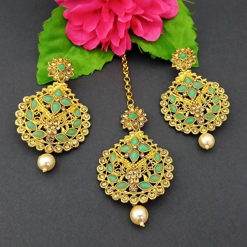 Adi Gold Plated Kundan And Stone Earrings With Maang Tikka - 1319265