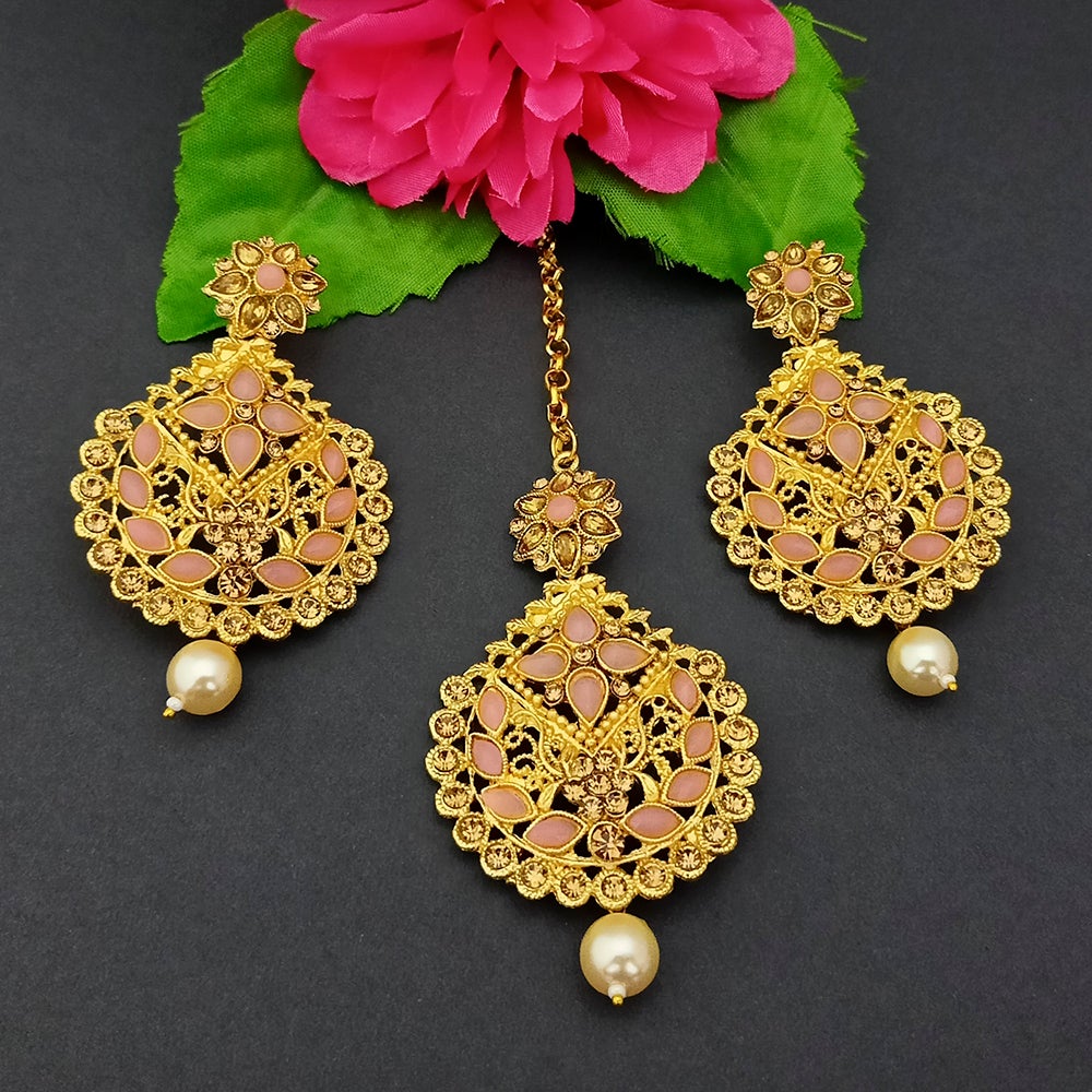 Adi Gold Plated Kundan And Stone Earrings With Maang Tikka - 1319265