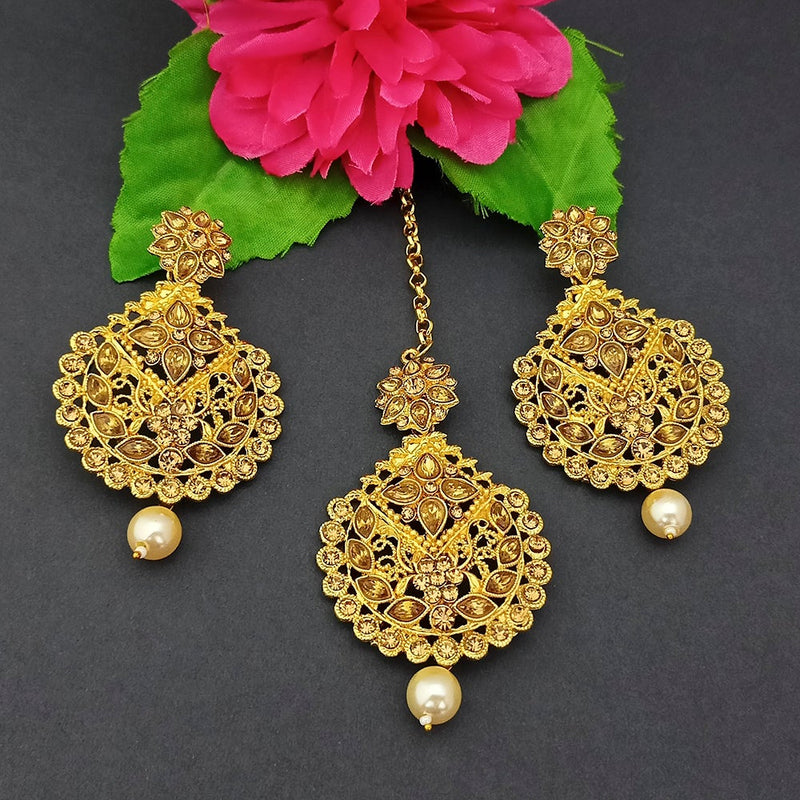 Adi Gold Plated Kundan And Stone Earrings With Maang Tikka - 1319265
