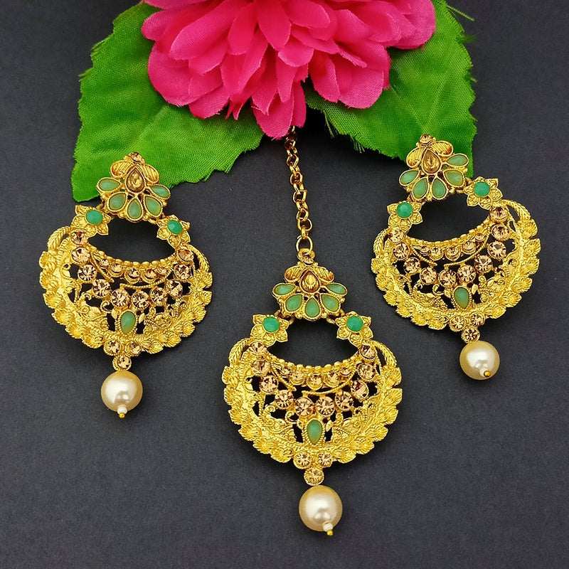 Adi Gold Plated Kundan And Stone Earrings With Maang Tikka - 1319266