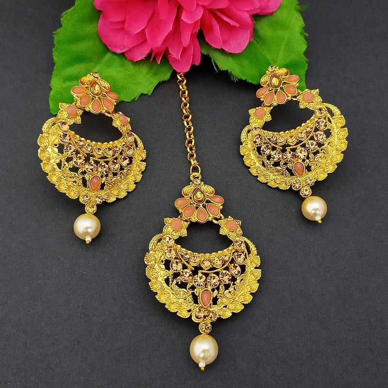 Adi Gold Plated Kundan And Stone Earrings With Maang Tikka - 1319266