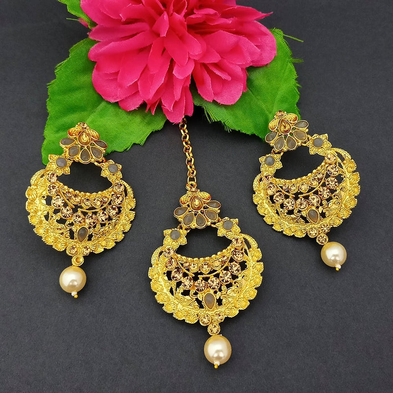 Adi Gold Plated Kundan And Stone Earrings With Maang Tikka - 1319266