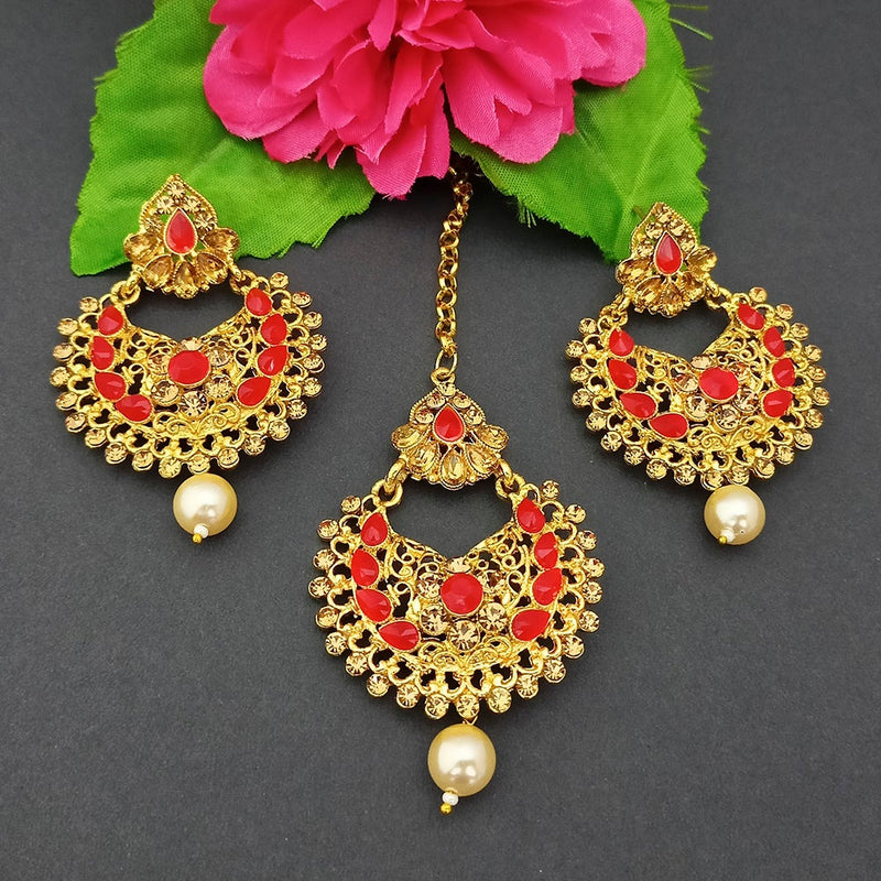 Adi Gold Plated Kundan And Stone Earrings With Maang Tikka - 1319267