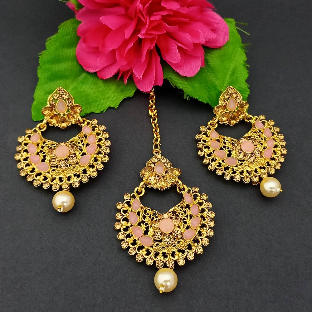 Adi Gold Plated Kundan And Stone Earrings With Maang Tikka - 1319267