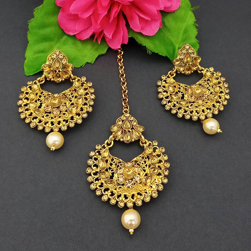 Adi Gold Plated Kundan And Stone Earrings With Maang Tikka - 1319267