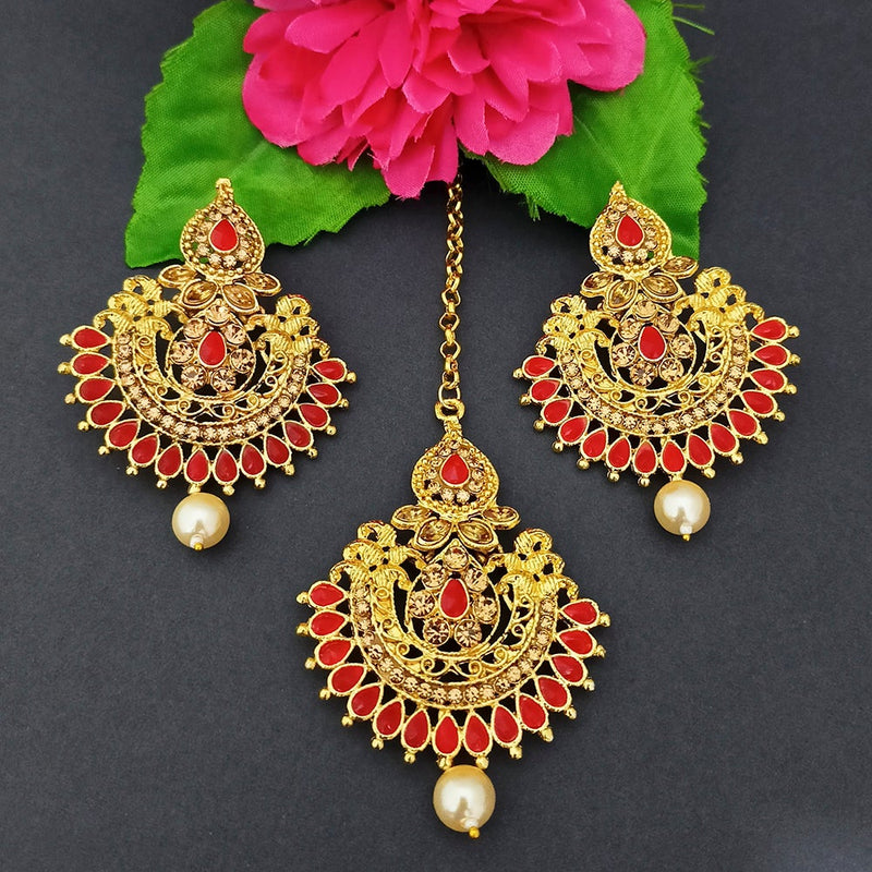 Adi Gold Plated Kundan And Stone Earrings With Maang Tikka - 1319268