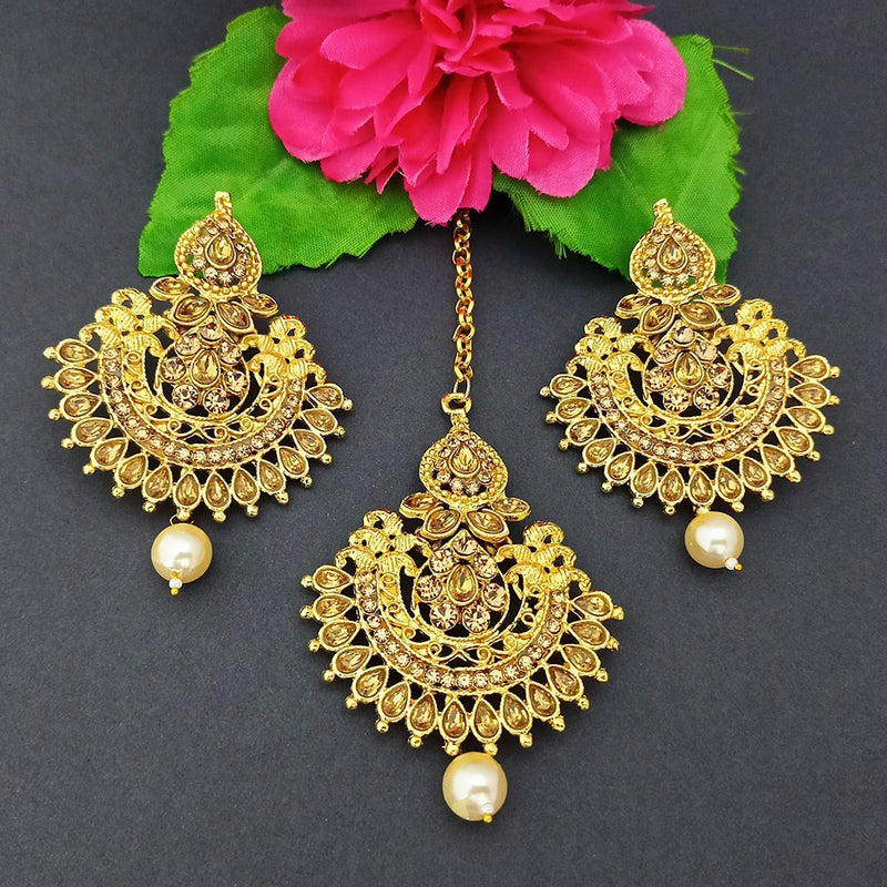 Adi Gold Plated Kundan And Stone Earrings With Maang Tikka - 1319268