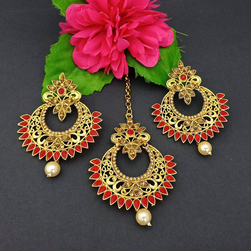 Adi Gold Plated Kundan And Stone Earrings With Maang Tikka - 1319269