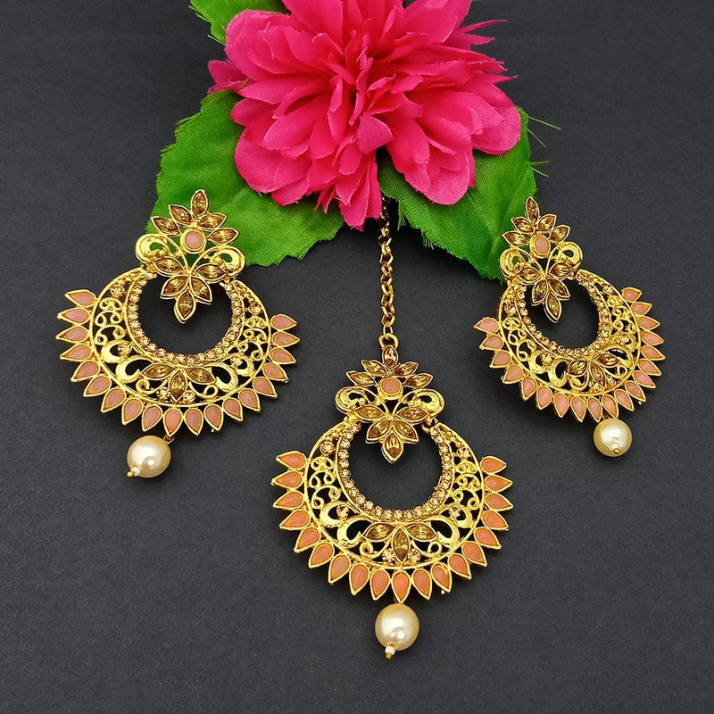 Adi Gold Plated Kundan And Stone Earrings With Maang Tikka - 1319269