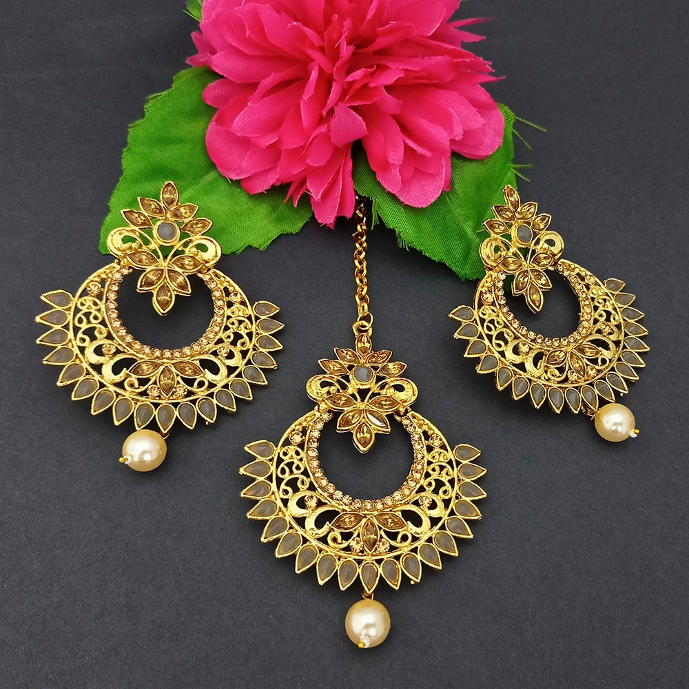Adi Gold Plated Kundan And Stone Earrings With Maang Tikka - 1319269