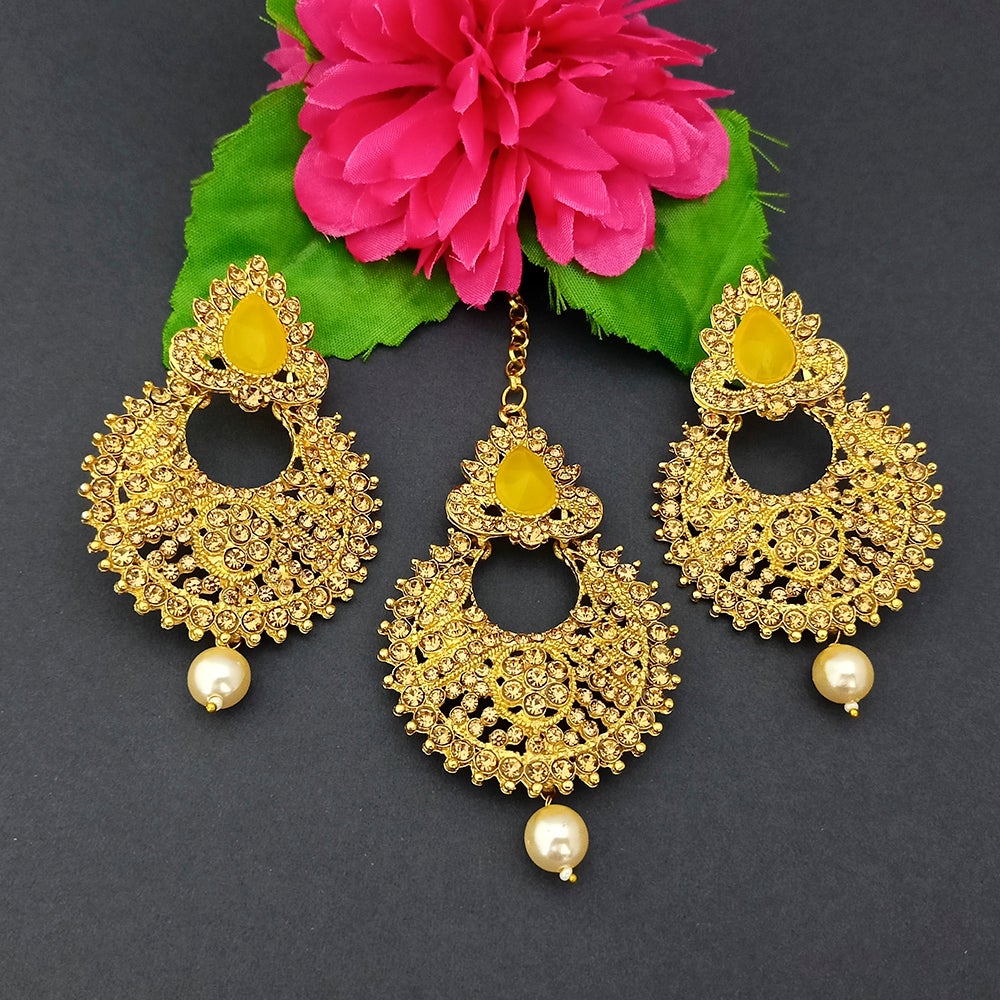 Adi Gold Plated Kundan And Stone Earrings With Maang Tikka - 1319270