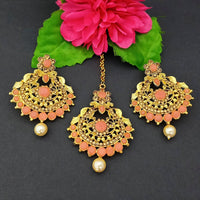 Adi Gold Plated Kundan And Stone Earrings With Maang Tikka - 1319272