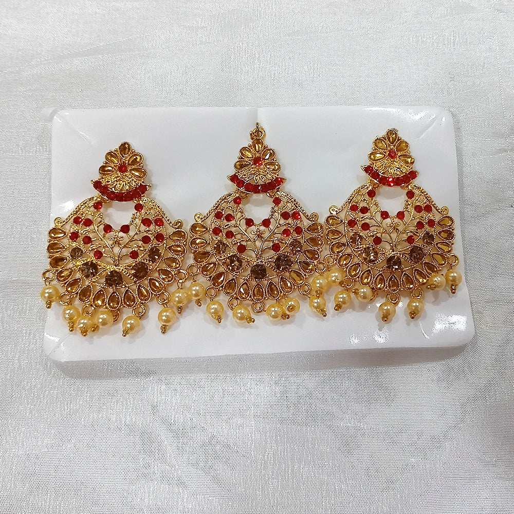 Darshan Gold Plated Red Austrian Dangler Earrings With Maang tikka