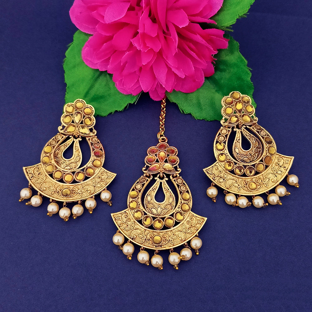 Darshan Gold Plated Brown Kundan Dangler Earrings With Maang tikka