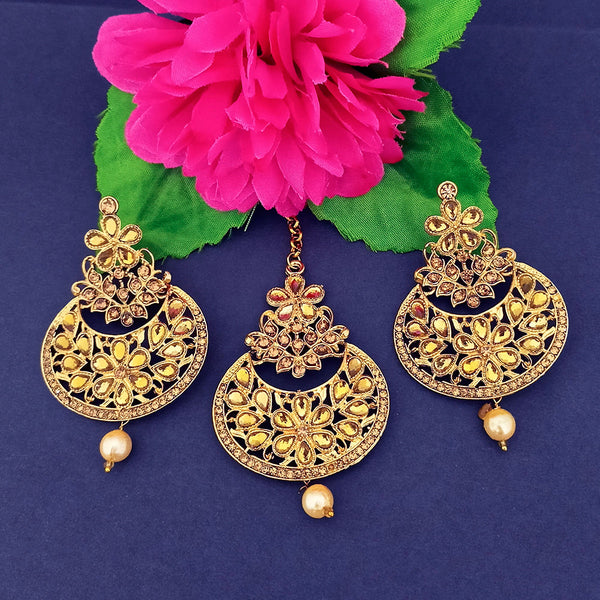 Darshan Gold Plated Brown Kundan Dangler Earrings With Maang tikka