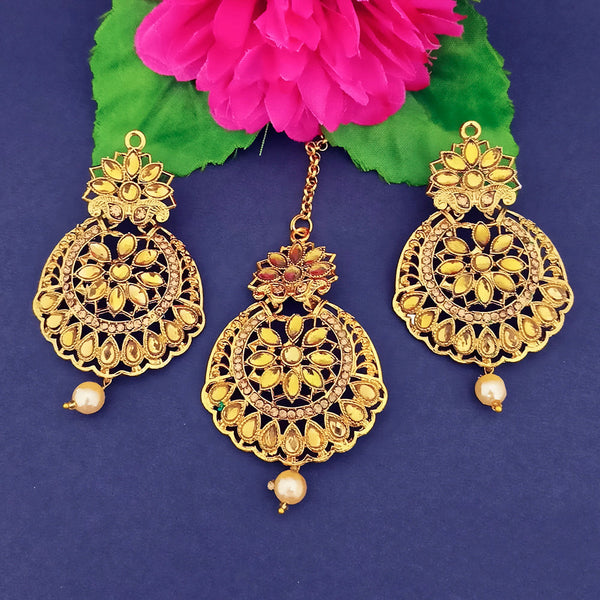 Darshan Gold Plated Brown Kundan Dangler Earrings With Maang tikka