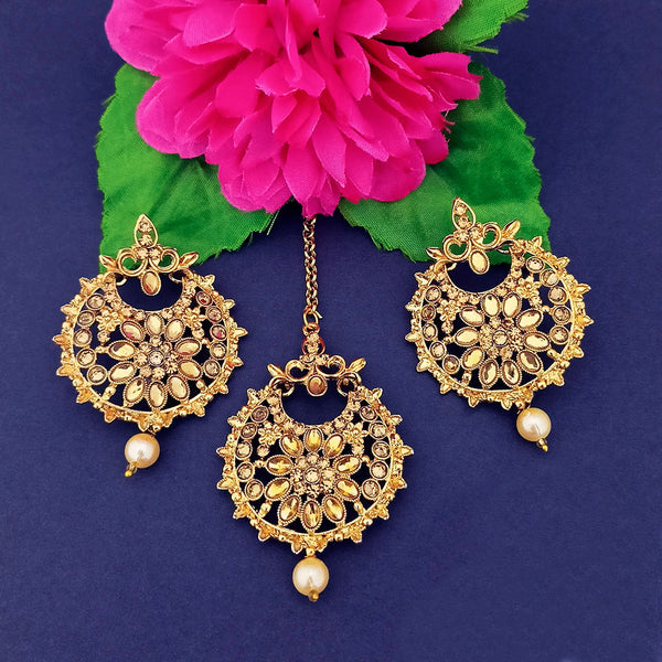 Darshan Gold Plated Brown Kundan Dangler Earrings With Maang tikka - 1319525