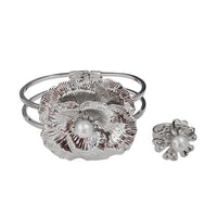 Urthn Rhodium Plated Pearl Floral Openable Kada With Ring - 1402118D