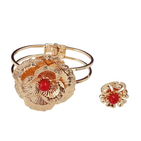 Urthn Gold Plated Red Pearl Floral Openable Kada With Ring - 1402125A