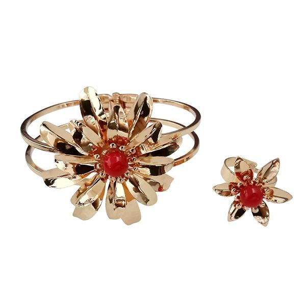 Urthn Gold Plated Red Pearl Floral Openable Kada With Ring - 1402126A