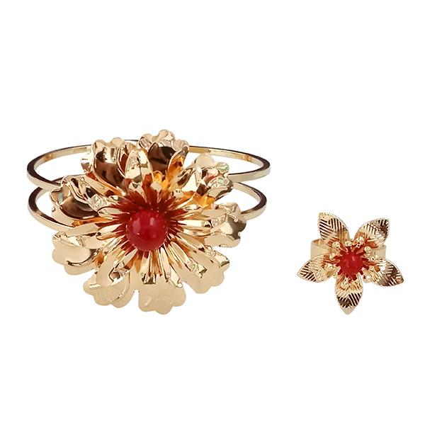 Urthn Gold Plated Red Pearl Floral Openable Kada With Ring - 1402128A