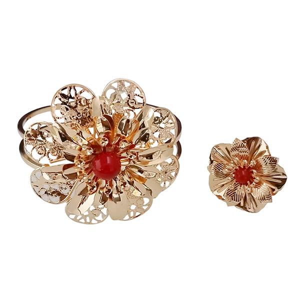 Urthn Gold Plated Red Pearl Floral Openable Kada With Ring - 1402130A