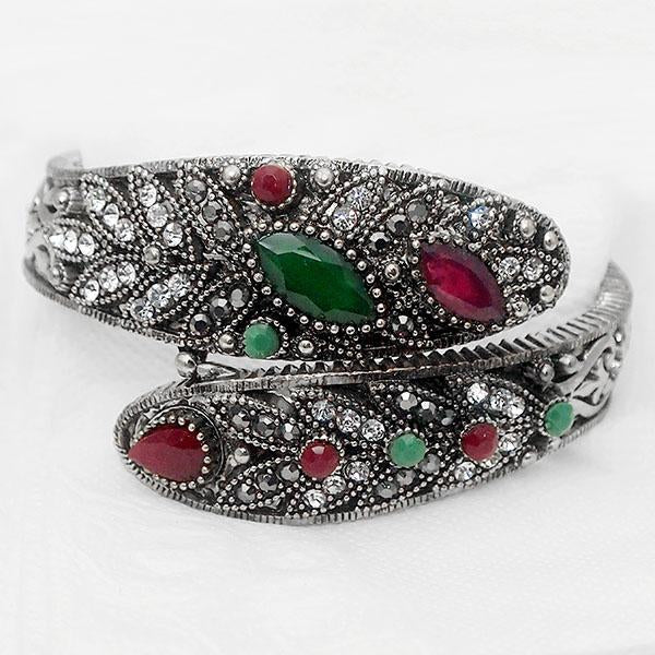 Urthn Green And Maroon Stone Rhodium Plated Kada - 1402508A