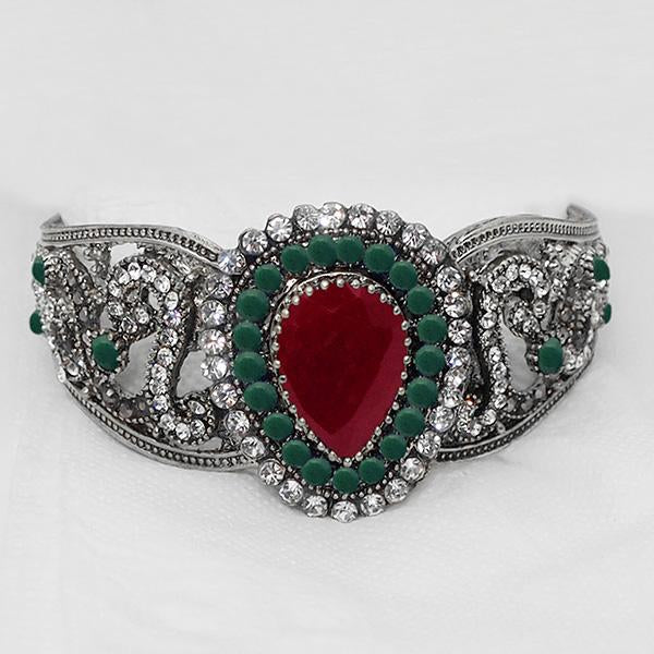 Urthn Maroon And Green Stone Rhodium Plated Kada - 1402509A