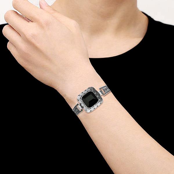 Urthn Rhodium Plated Black Turquoise Stone Bracelet - 1403822B