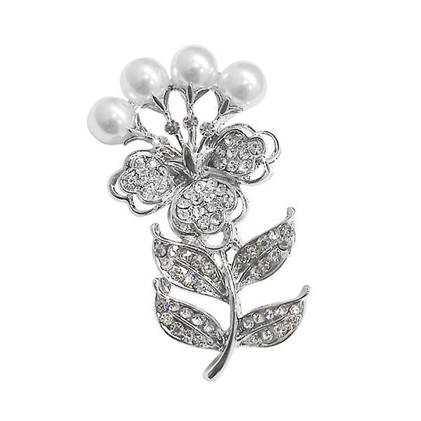 Kriaa White Austrian Stone Silver Plated Saree Pin Brooch - 1500230