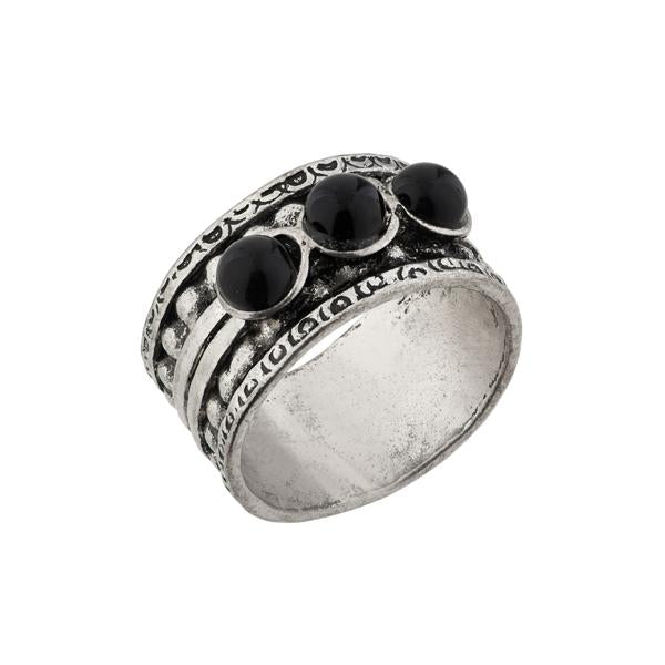 Urthn Rhodium Plated Black Stone Ring - 1501864B_18