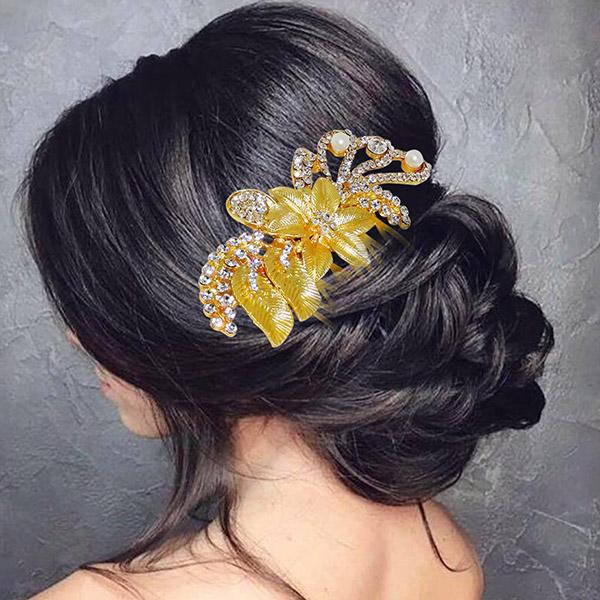 Apurva Pearls Stone Gold Plated Hair Brooch - 1502027A