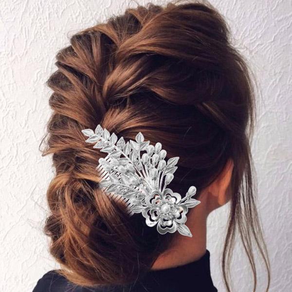 Apurva Pearls Stone Pearl Rhodium Plated Floral Hair Brooch - 1502054A