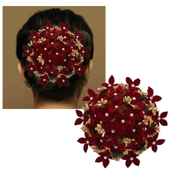 Apurva Pearls Maroon Floral White Pearl Hair Brooch - 1502245B