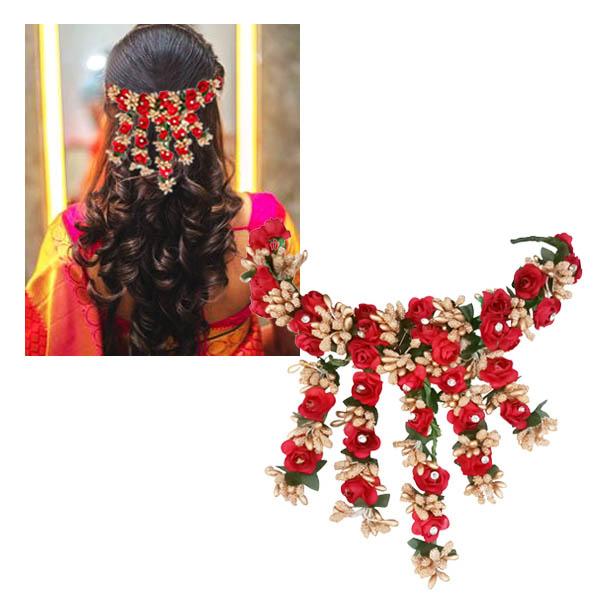 Apurva Pearls Red Floral Austrian Stone Hair Brooch - 1502266